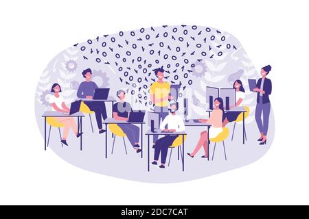 Business Concept Hackathon, Programming. Group of clerks or programmers do their job. Teamwork Hackers and Managers in the office. Cartoon Flat Design Stock Vector
