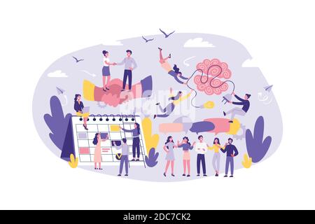 Business Concept Collaboration, Cooperation, Support, Outsourcing, Partnership, Agreement. Teamwork Of Office Clerks, Managers, Lawyer. Brainstorming Stock Vector