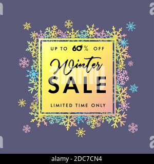 Winter sale golden elegant banner. Winter lettering design with colored snowflakes, frame and text up to 60% sale limited time only on grey background Stock Vector