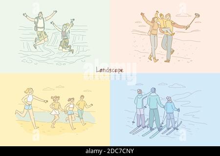 Family holiday vacation, traveling, camping, friends on sea resort , mother and father with kid doing winter sport banner. Mountains, beach landscape Stock Vector