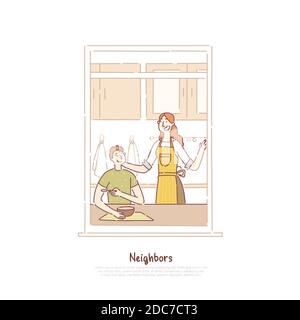 Neighbors in window frame, couple having breakfast, man and woman talking in kitchen, mom cooking meal banner. Neighborhood, apartment building concep Stock Vector