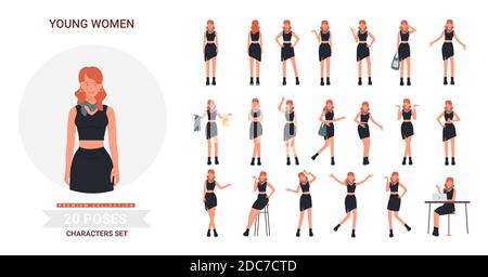 Young fashion girl poses vector illustration set. Cartoon stylish redhead woman in fashionable trendy black clothes, model posing, standing and showing various gestures collection isolated on white Stock Vector