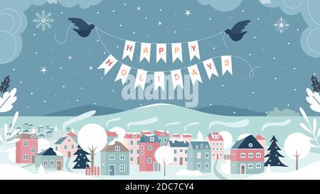 Happy winter holiday greeting card vector illustration. Cartoon urban xmas cityscape scene with houses and decorated Christmas tree under snow, snowy Christmas eve landscape postcard background Stock Vector