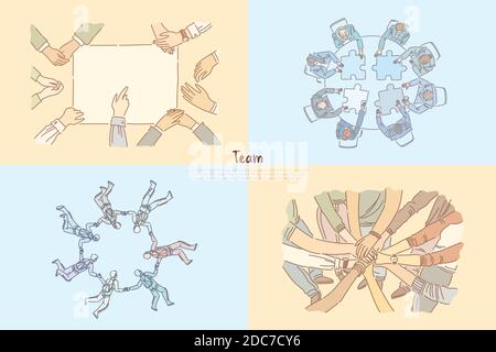 Team building, business partners coworking, office workers brainstorming, skydiving banner template. Teamwork, collaboration, international partnershi Stock Vector