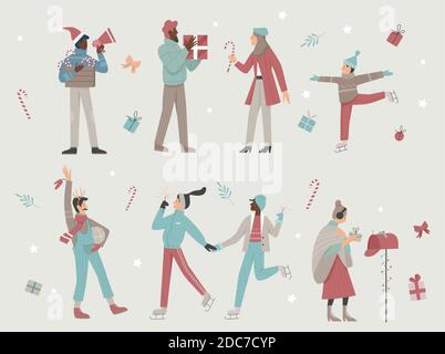 Happy people enjoy Christmas time vector illustration set. Cartoon active characters celebrate winter holidays with xmas gifts, sparklers and Christmas decorations, skate on ice rink background Stock Vector