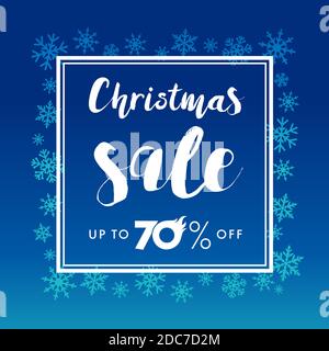 Merry Christmas gold lettering sale. Elegant Merry Christmas vector white lettering sale up to 70% off design with shining gold snowflakes, blue frame Stock Vector