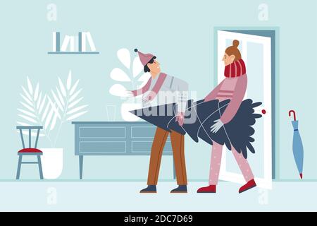 Happy family people carry fir tree for Christmas and New Year party celebration at home vector illustration. Cartoon parents characters prepare home for winter holidays events celebrating background Stock Vector