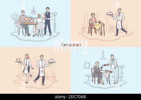 Restaurant staff, cafe waiter and waitress serving, customers making food order, couple sitting at coffee shop table banner. Culinary, catering servic Stock Vector