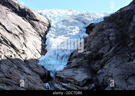 The Briksdal glacier is one of the most accessible arms of the Jostedalsbreen glacier in Norway. Stock Photo