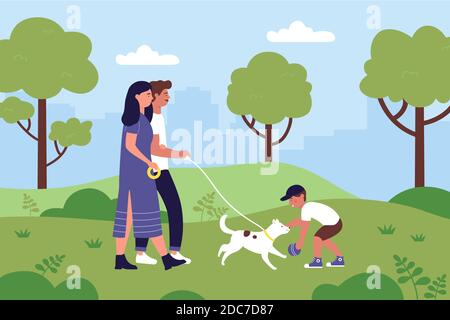 Family people walk with pet dog in summer city park scenery vector illustration. Cartoon owners mother father and son characters walking with own pet animal, boy kid playing with doggy background Stock Vector