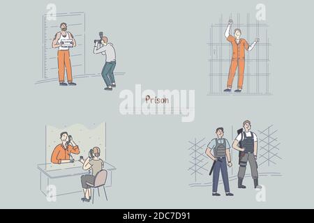 Prisoner behind bars, suspect posing for police mugshot, inmate in visiting room, police officer guarding banner template. Jail, justice, imprisonment Stock Vector