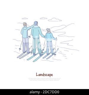 Landscape tourism, parents with child skiing together, people in warm clothes, family vacation, ski resort banner. Winter holiday, outdoor recreation Stock Vector