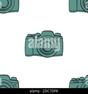 Tidewater green professional camera illustration seamless pattern. Transparent background. Stock Vector
