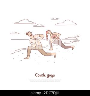 People in sportive clothing working out outdoor, fitness trainer and pupil, husband and wife doing pilates exercise banner. Yoga class for couples con Stock Vector