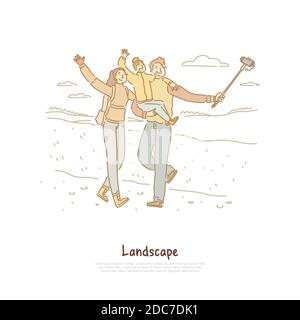 Happy parents with daughter taking selfie together, backpackers with child on hiking trip, nature leisure banner. Family trekking, outdoor recreation Stock Vector