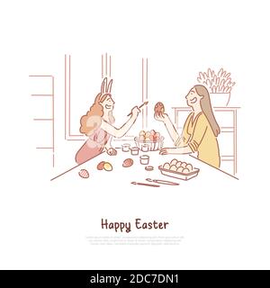 Mother with daughter painting pysanka, girl in bunny ears holding paint brush, easter tradition banner. Spring holiday preparations, eggs decorating c Stock Vector