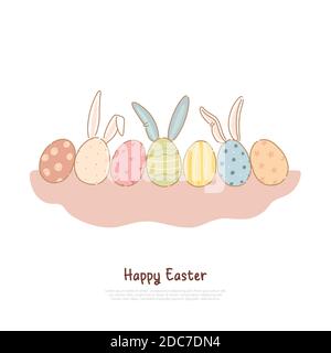 Colorful pysanka with decorative ornament and bunny ears, april holiday tradition, easter celebration banner. Decorated paschal eggs collection concep Stock Vector