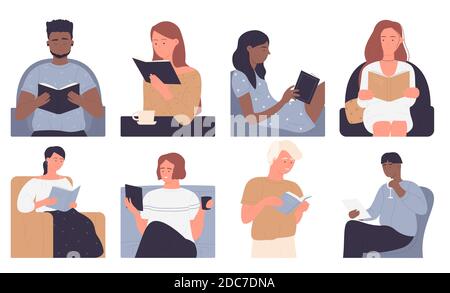 People read vector illustration set. Cartoon man woman characters sitting at table or in home armchairs, holding glass wine or coffee cup, reading books from library or bookstore isolated on white Stock Vector