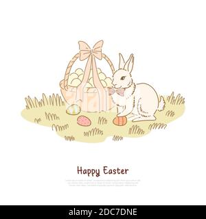 Traditional spring holiday celebration, fluffy paschal rabbit with bow tie, decorated eggs hunting banner. Pysanka basket and cute easter bunny concep Stock Vector