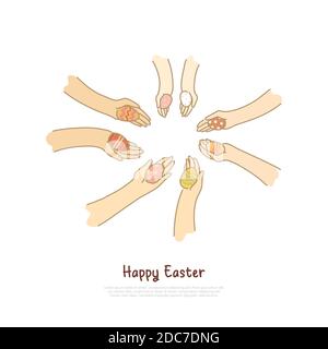 Decorated pysanka in hands, people sharing presents, togetherness, easter game, paschal eggs hunting banner. Spring religious holiday tradition concep Stock Vector