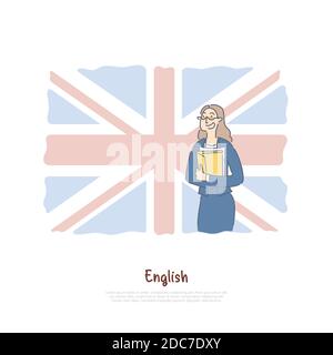 Teacher from Great Britain, native speaker on british flag background, student exchange program banner. Foreign language course, english classes conce Stock Vector