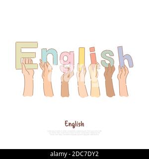 University students holding letters in hands, studying in United Kingdom, international language lessons banner. English school, educational course co Stock Vector