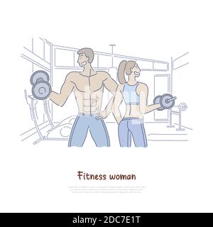 Man and woman working out in gym, bodybuilders couple lifting weight, dumbbells, fitness coaching service banner. Sport training, healthy lifestyle co Stock Vector