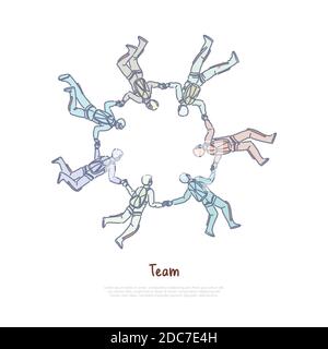 Parachuting group, friends holding hands in free falling, active recreation, team building exercise, skydiving class banner. Teamwork, extreme leisure Stock Vector