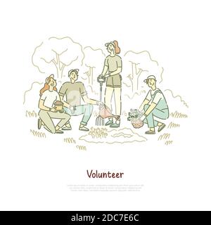 Friends, volunteers planting tree seedling, men and women working together, community help, social activity banner. Gardening, environment care concep Stock Vector