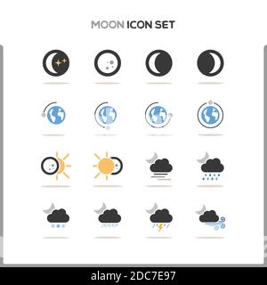 Moon icon set. Color icon set with round shadow. Glyph vector illustration Stock Vector