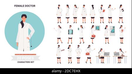 Doctor or nurse female character poses vector illustration set. Cartoon doctor medical professional staff with stethoscope and emergency bag posing in work, medicine profession poses isolated on white Stock Vector