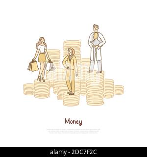 Bank loan, shopper holding bags, successful businesswoman, happy doctor, young scientist, job salary comparison banner. People standing on coin stacks Stock Vector