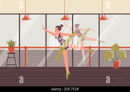 Dancing young woman vector illustration. Cartoon beautiful girl ballet dancer character poses, lady ballerina choreographing in tutu costume, classroom interior of choreography dance school background Stock Vector