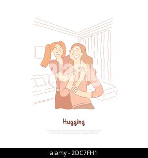 Sisters hugging, best friends, girlfriends spending time together, happy smiling mother and daughter banner template. Family relationship, friendship Stock Vector