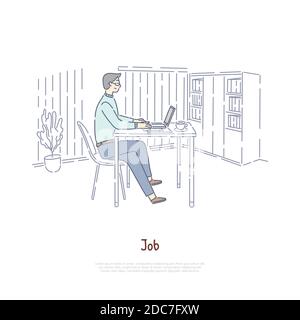 Worker, employee at workplace, boss in private office, editor, teacher, writer using laptop, remote job banner template. Freelancer working at home co Stock Vector