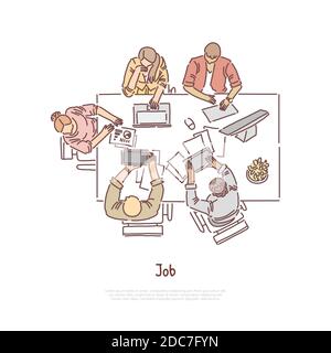 Colleagues coworking top view, employee at office workplace, workspace, conference, job interview banner. Business partners teamwork, brainstorm conce Stock Vector