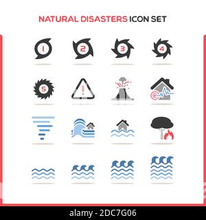 Natural disasters icon set. Color icon set with round shadow. Glyph vector illustration Stock Vector