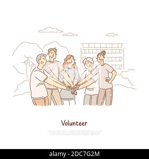 Volunteers doing charity, community togetherness, social cooperation, help and support, volunteering banner. Smiling people putting hands together con Stock Vector