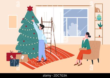 Happy couple people decorate Christmas tree vector illustration. Cartoon man woman family characters decorating Christmas tree for Merry Xmas holiday party at home, celebrating New Year eve background Stock Vector