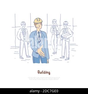 Building engineer, architects team, crew coworking, business partners, businessman giving hand for handshaking banner. Construction industry, project Stock Vector