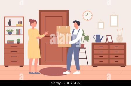 Fast online delivery post service to home door vector illustration. Cartoon man courier character delivering cardboard parcel box, woman receives postal order package in home room interior background Stock Vector