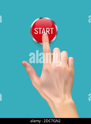 Realistic 3D Silhouette of hand with inger pressing a red stop button ...