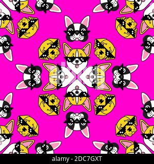 Dog in pixel sunglasses. Seamless pattern on pink Stock Vector