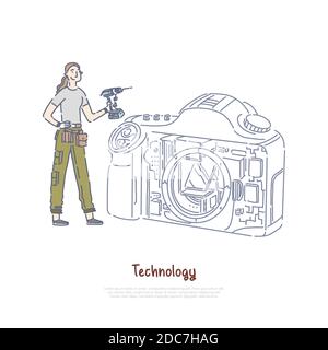 Female technician holding drill, girl fixing camera, photography equipment parts replacement, technical support banner. Cheerful woman with tool belt Stock Vector