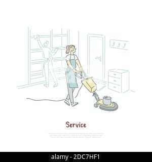 Housekeeping service, female housekeeper cleaning hotel room, apartment, housewife using vacuum cleaner banner. Domestic chores, household, housework Stock Vector