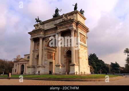 Arco della Pace in Milan, Italy, at sunset. Stock Photo