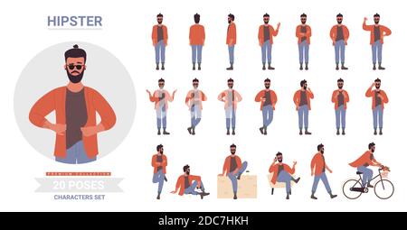 Hipster man poses vector illustration set. Cartoon bearded male character in casual clothes standing or sitting, young handsome guy model posing in different poses and gestures isolated on white Stock Vector