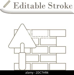 Icon Of Brick Wall With Trowel. Editable Stroke Simple Design. Vector Illustration. Stock Vector