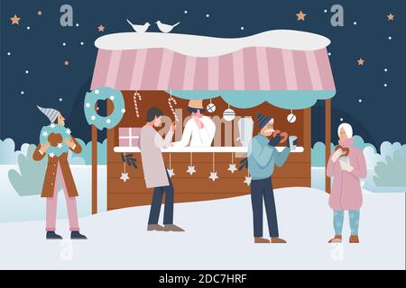 People enjoy Christmas market or holiday outdoor fair on town square vector illustration. Cartoon happy man woman friend characters walk, buy snack food and gifts from market stall or kiosk background Stock Vector