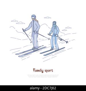 Happy mother with child skiing together, active recreation, holiday vacation, outdoor leisure, ski resort banner. Family winter sport activities conce Stock Vector